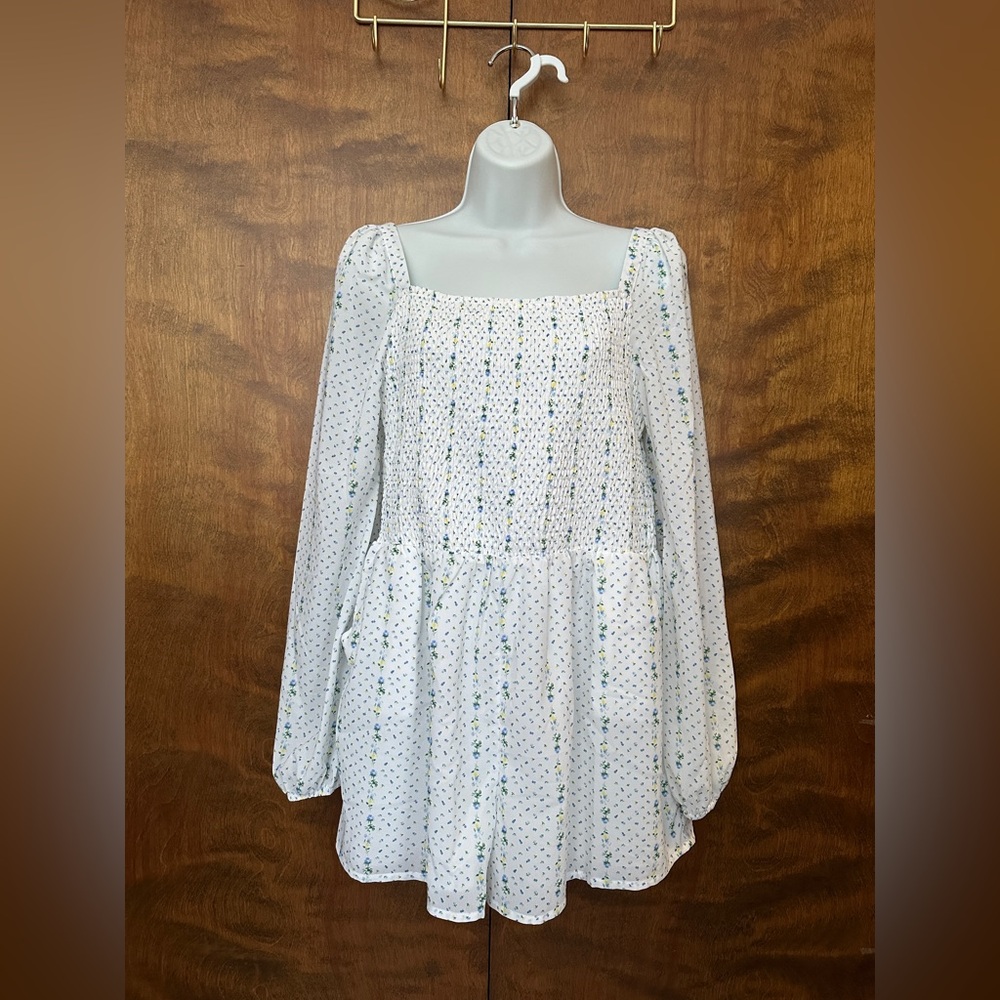 Janie & Jack Long Sleeve Smocked Chiffon Romper Girls 18 White & Blue Floral NWT